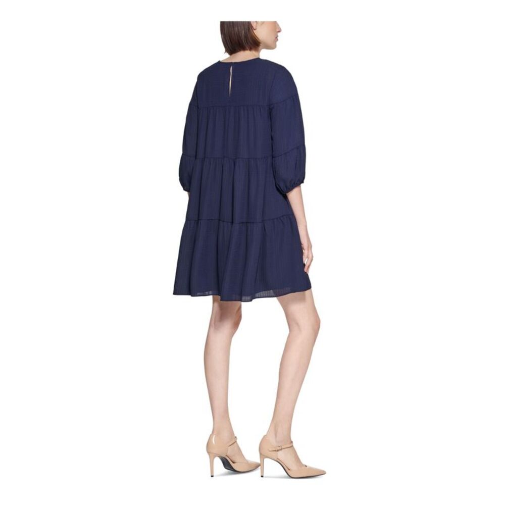 CALVIN KLEIN Womens Navy Back Lined 3/4 Sleeve Short Shift Dress Petites 2P - Picture 2 of 4